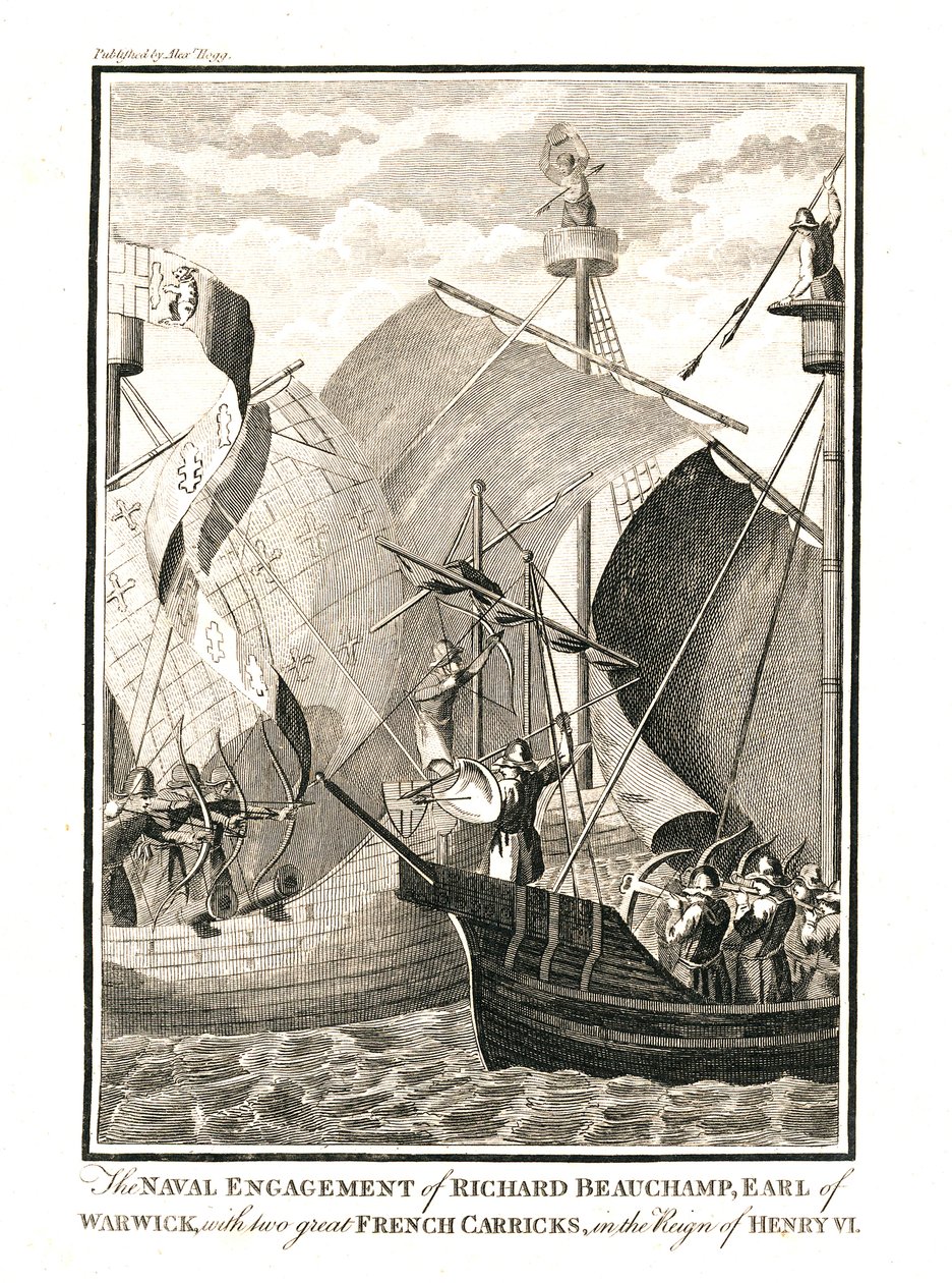Naval Engagement mot to store franske Carricks av Richard Beauchamp Earl of Warwick under regjeringstiden av Unbekannt