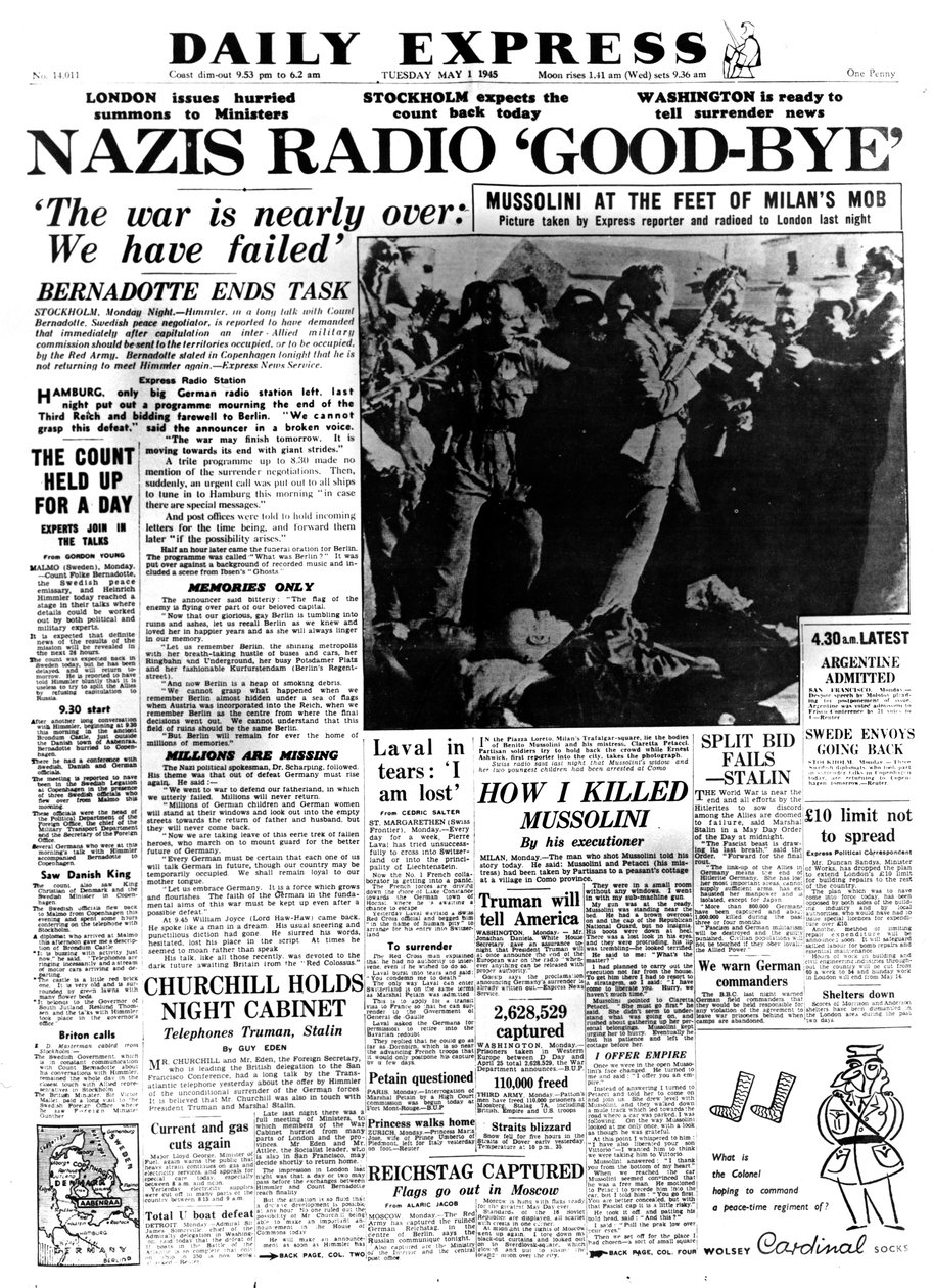 Nazis Radio Goodbye, forsiden av Daily Express, 1. mai 1945 av Unbekannt