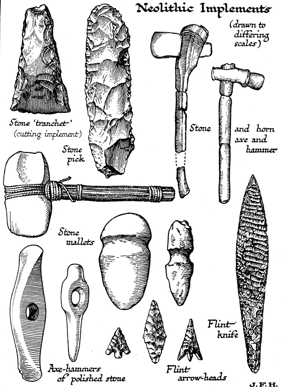 Neolittiske redskaper av stein, flint og horn, c1890 av Unbekannt