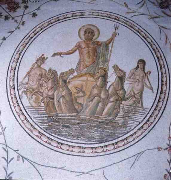 Neptun på sin vogn, med Hippocampi og Tritons (mosaikk) av Unbekannt