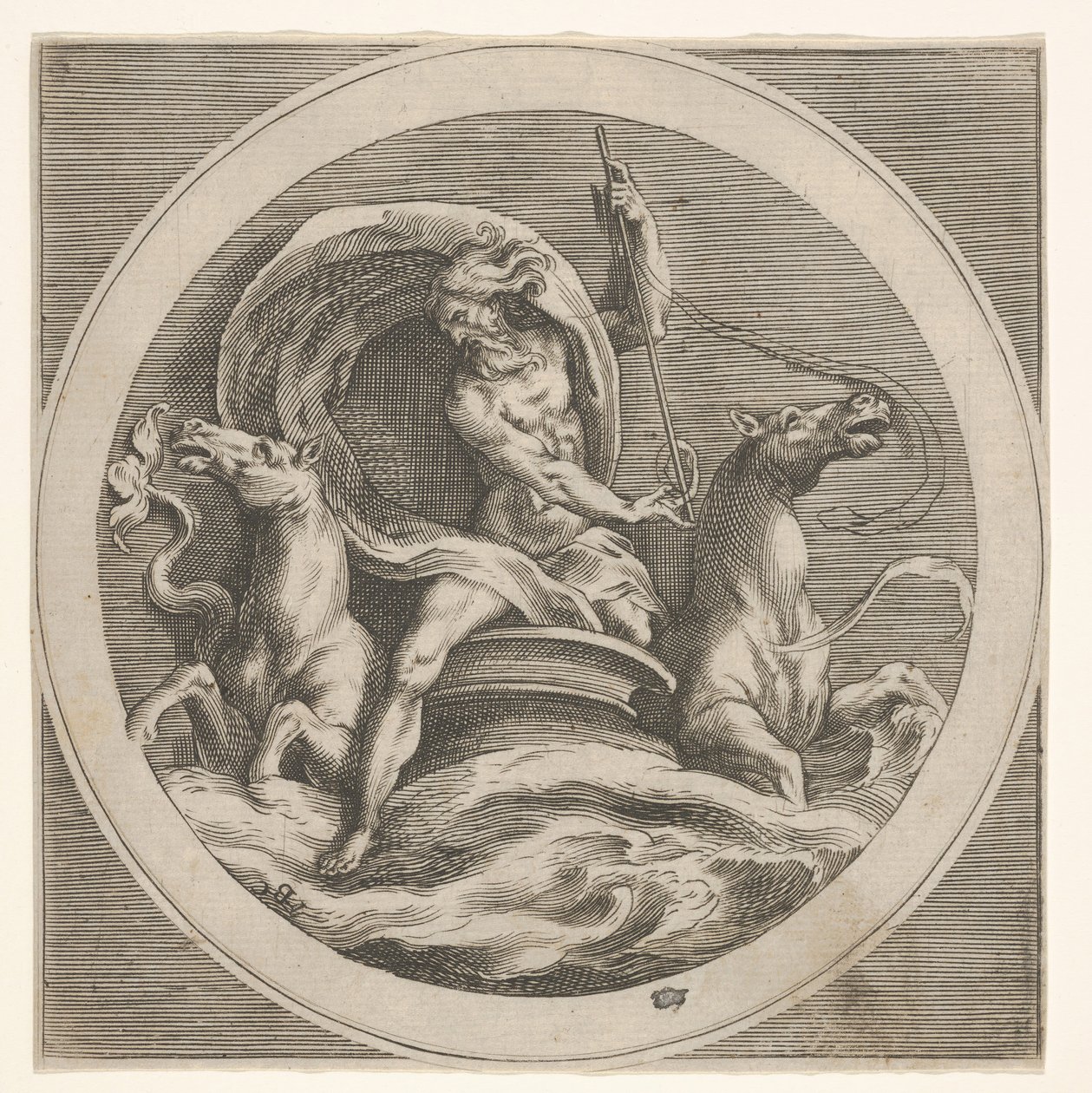 Neptun stiger opp fra havet og bærer en stav, ledsaget av to hestehodede ..., ca. 1550-1600. av Unbekannt