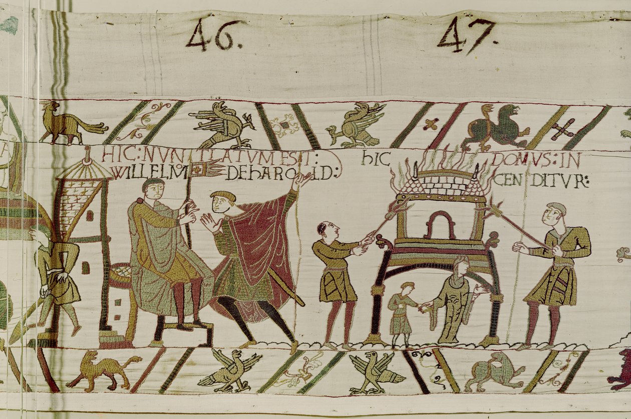Nyheter om at Harold ble brakt til William og et hus blir brent av normannerne, Bayeux Tapestry (ullbroderi på lin) av Unbekannt