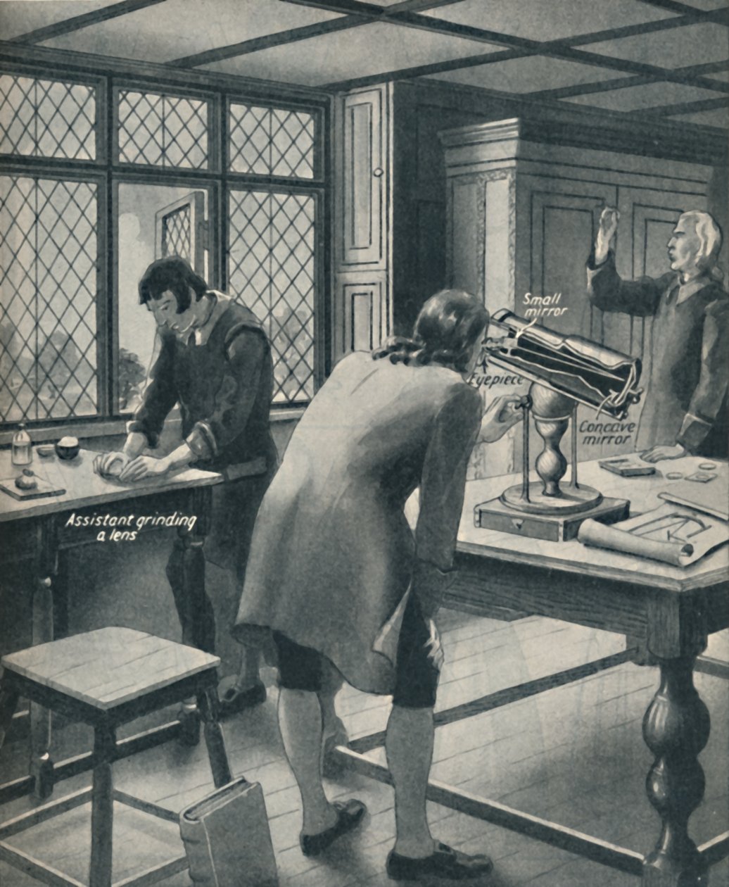 Newton oppfinner et nytt teleskop, c1934 av Unbekannt