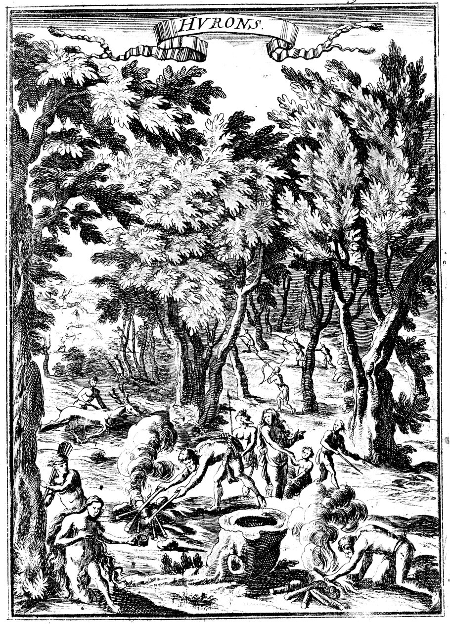 Nordamerikanske Huron-indianere jakter og tilbereder mat i skog, 1686 av Unbekannt