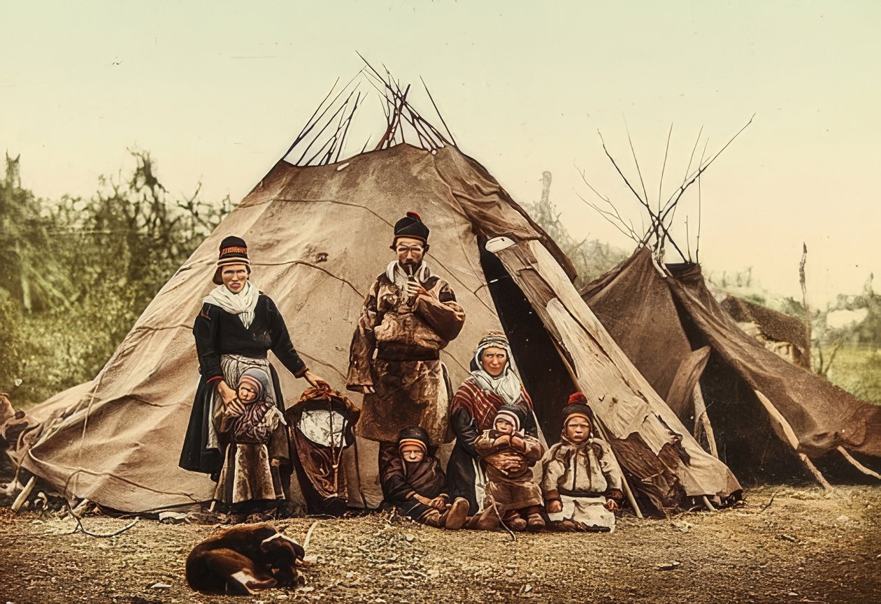 Norge. Rag (frø) - familie foran et telt. Rundt 1900. Fotokrom. Fotografering av Photoglob / Zürich av Unbekannt
