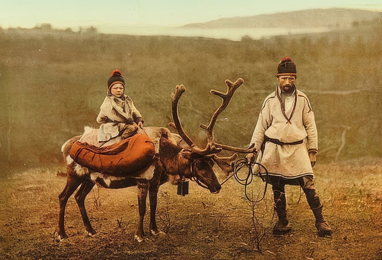 Norge. Rag (frø) med et reinsdyr. Rundt 1900. Fotokrom. Fotografering av Photoglob / Zürich av Unbekannt