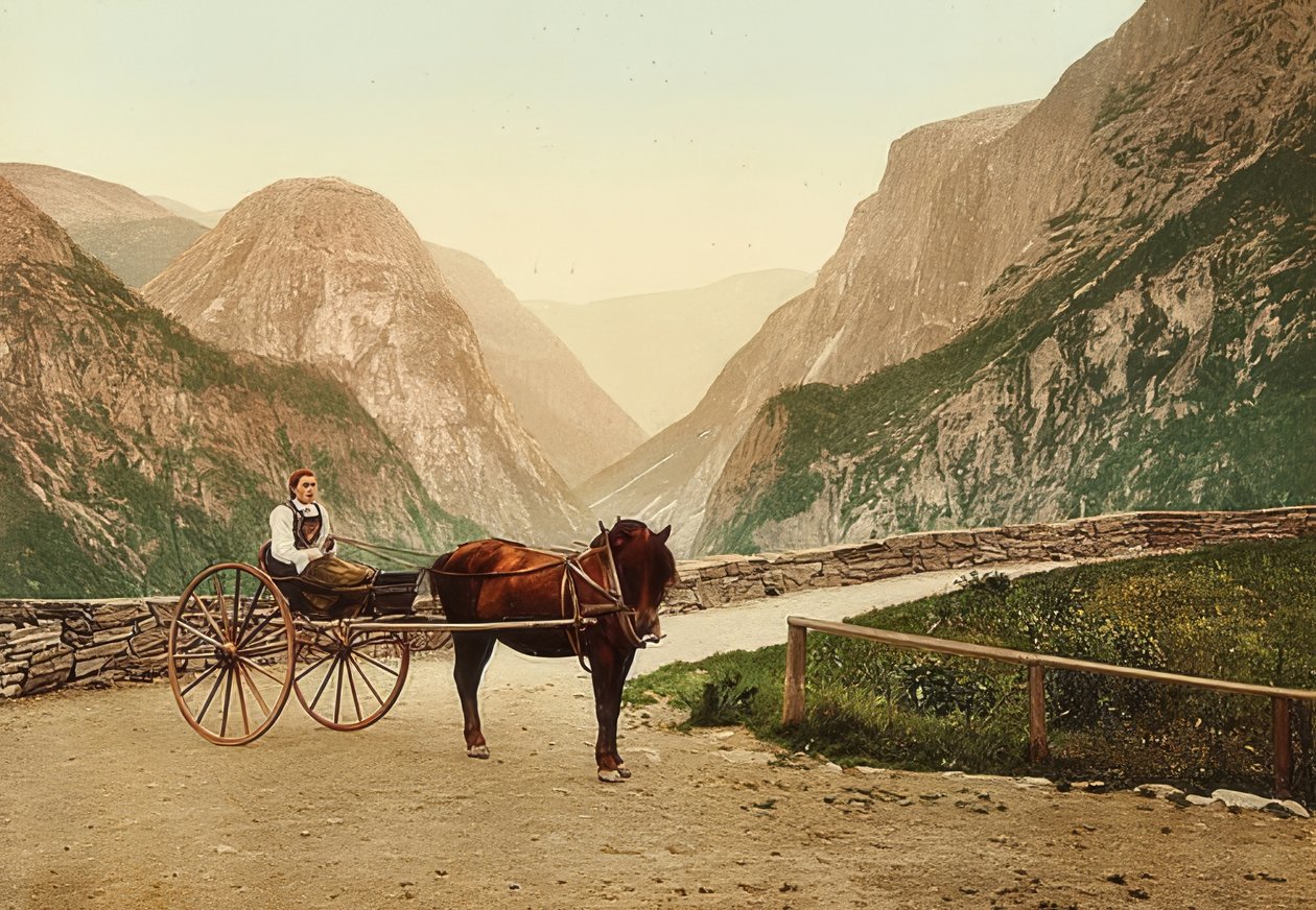 Norsk bondepike på hestevogn. Rundt 1900. Fotokrom. Fotografering av Photoglob / Zürich av Unbekannt