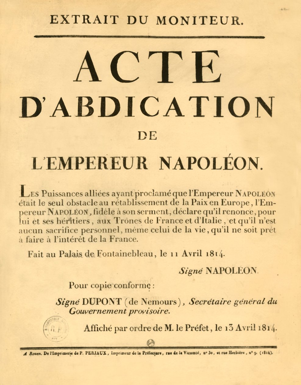 Melding om kunngjøring av keiser Napoleons abdikasjon, 11. april 1813, 1921. av Unbekannt