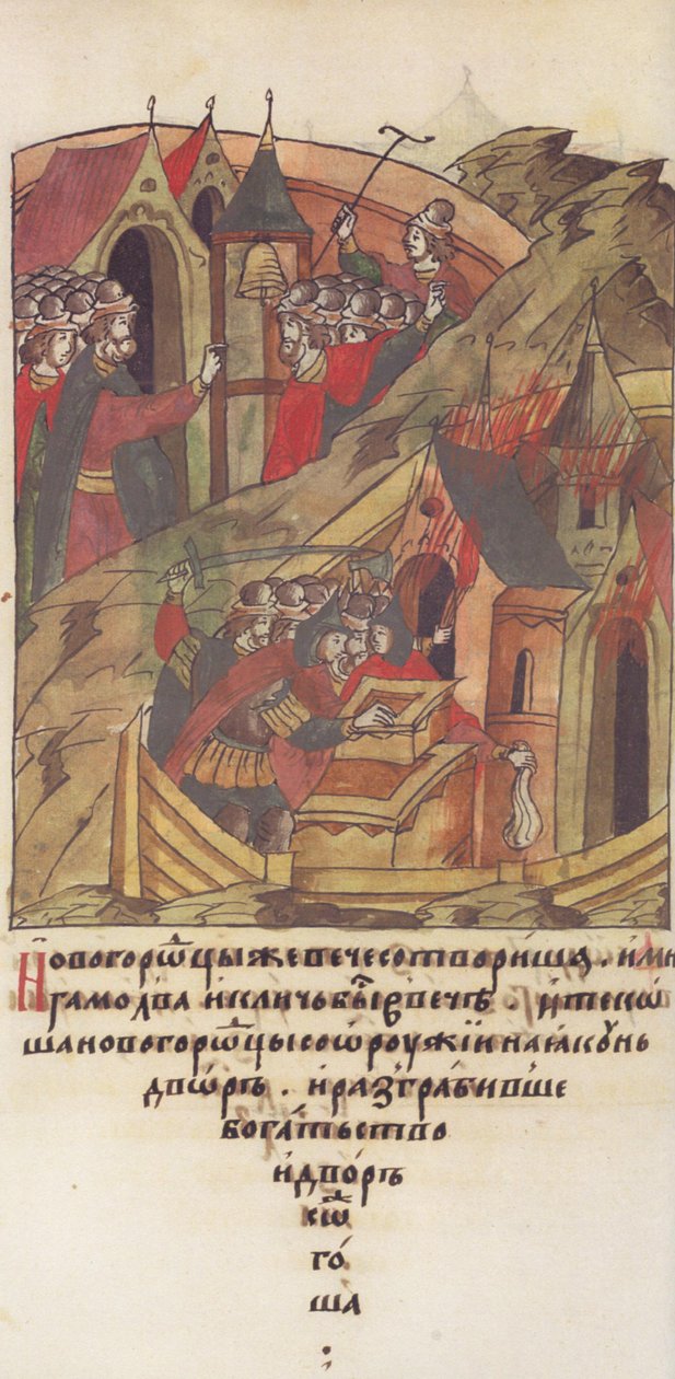 Novgorod veche. Novgorodianere plyndrer hoffet til Posadnik. Fra Illuminated Compiled Chronicle av Unbekannt