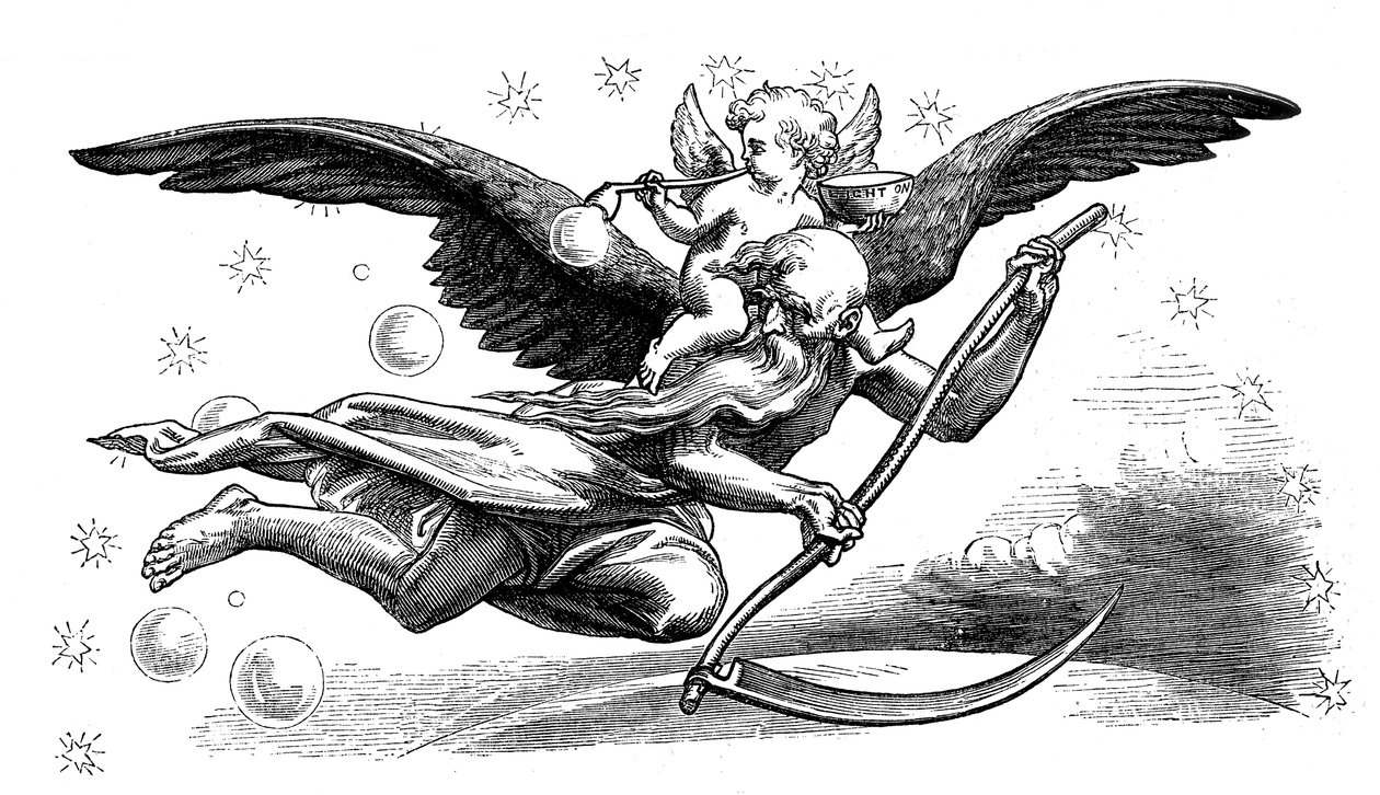 Old Father Time med ljåen sin, bærende på det nye året, 1870 av Unbekannt