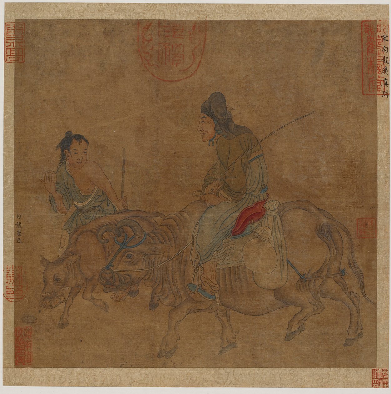Gammel kvinne på okse, med flokk og kalv, muligens Ming-dynastiet, 1368-1644. av Unbekannt