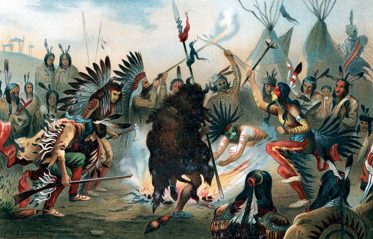 Oleograf av en Sioux-krigsdans, c1890 av Unbekannt