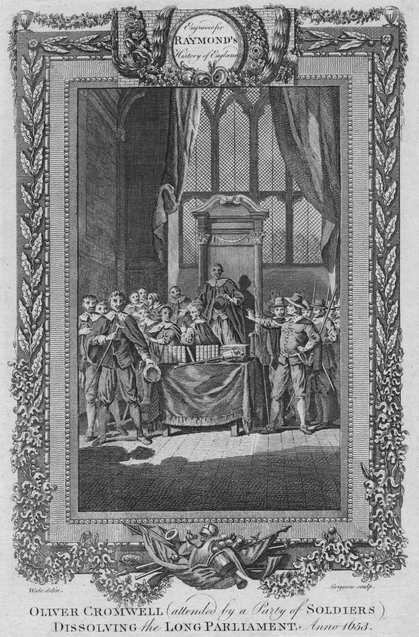 Oliver Cromwell deltok av en by av soldater som oppløste det lange parlamentet. Anno 1653, c1787 av Unbekannt