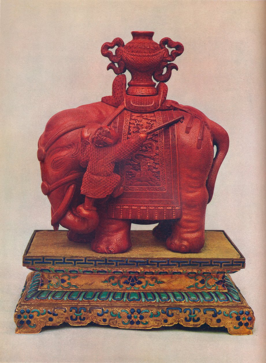 En av et par utskårne elefanter i rød lakk, kinesisk, Qianlong-periode, c1765 av Unbekannt