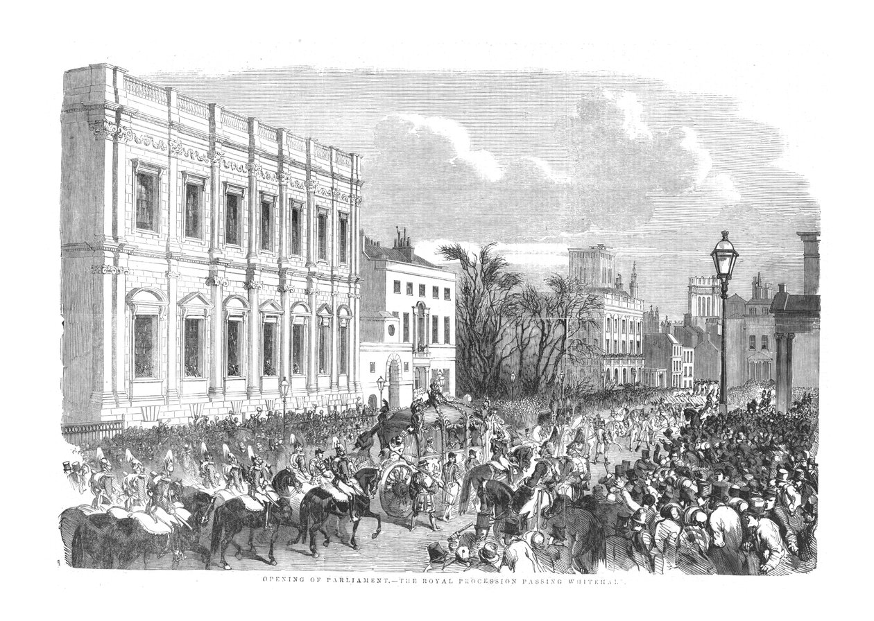 Åpning av parlamentet - The Royal Procession Passing Whitehall., 1854 av Unbekannt