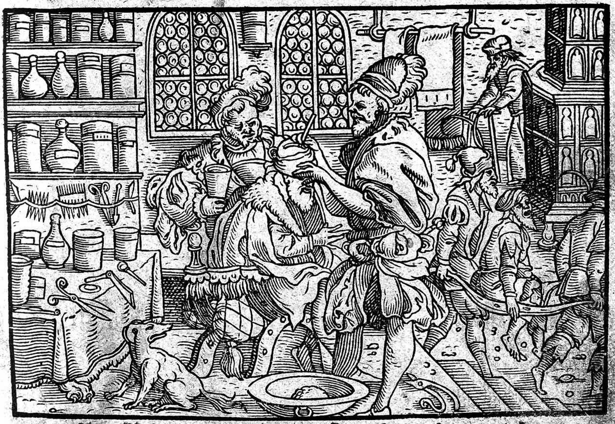 Operasjon på en manns hode. Fra: Den store sårmedisinen av Theophrastus Bombastus von Hohenheim, 1562 av Unbekannt