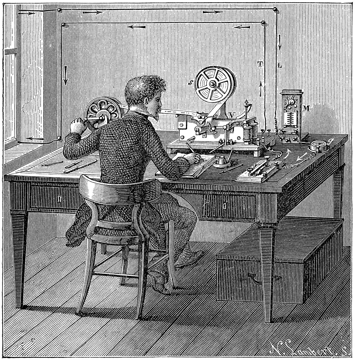 Operatør som mottar en melding i morsekode på en elektrisk trykktelegraf, 1887 av Unbekannt