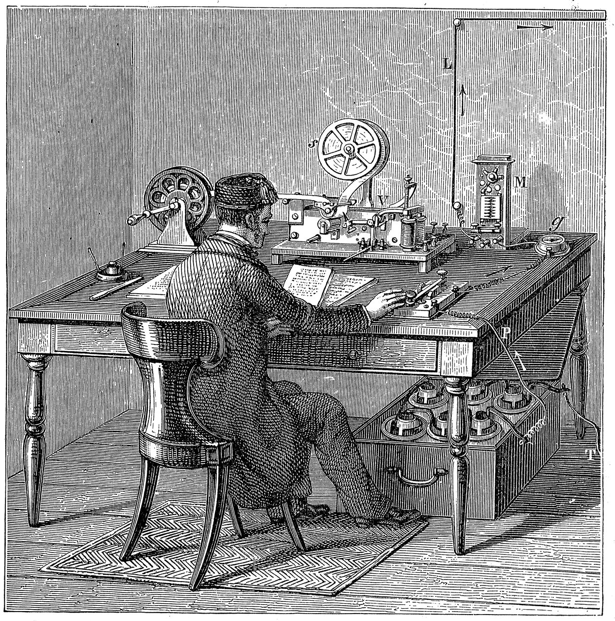 Operatør sender en melding på en Morse elektrisk trykktelegraf, 1887 av Unbekannt