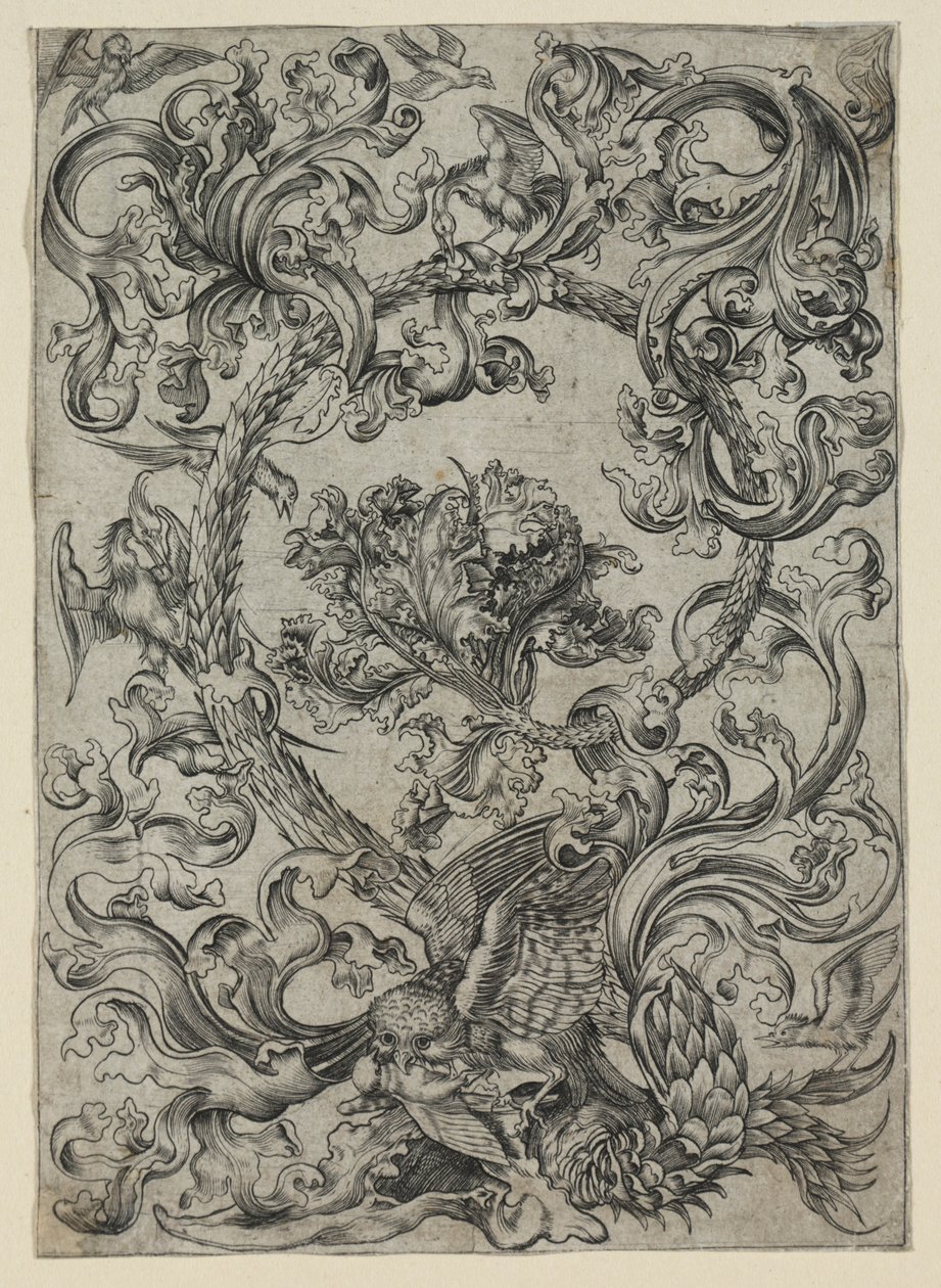 Ornamental løvverk, med en ugle og andre fugler, 1400-tallet. av Unbekannt