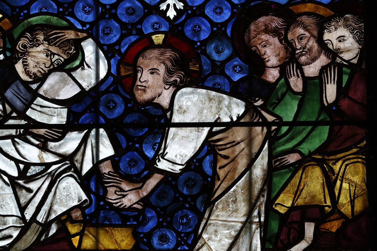 Vår Frue av Strasbourg-katedralen. Glassmaleri. Kristus vasker apostlenes føtter. 1300-tallet. Strasbourg. Frankrike. av Unbekannt