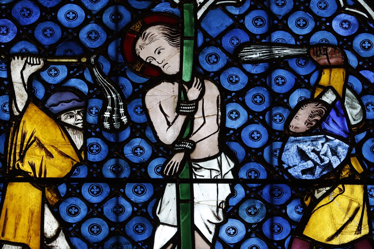 Vår Frue av Strasbourg-katedralen. Glassmaleri vindu. Kristus i sin lidenskap. Flagelleringen. 1300-tallet. Strasbourg. Frankrike. av Unbekannt