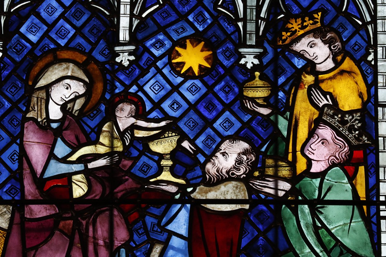 Vår Frue av Strasbourg-katedralen. Glassmaleri vindu. Fødselen. Tilbedelse av magiene. 1300-tallet. Strasbourg. Frankrike. av Unbekannt
