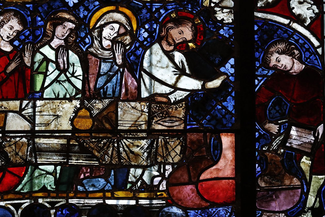 Vår Frue av Strasbourg-katedralen. Glassmaleri vindu. Forvandlingen av vann til vin ved ekteskapet i Cana. 1300-tallet. Strasbourg. Frankrike. av Unbekannt