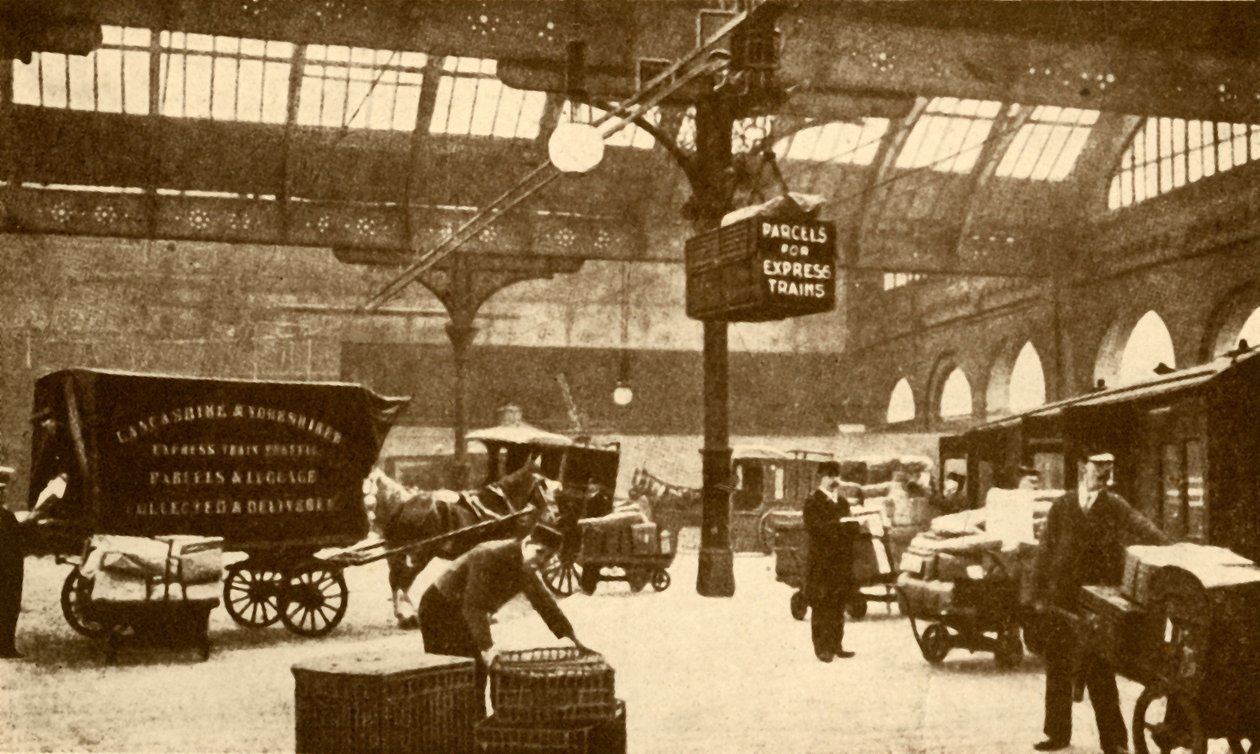 Overhead elektrisk pakkebærer, Victoria Station, Manchester, 1930. av Unbekannt