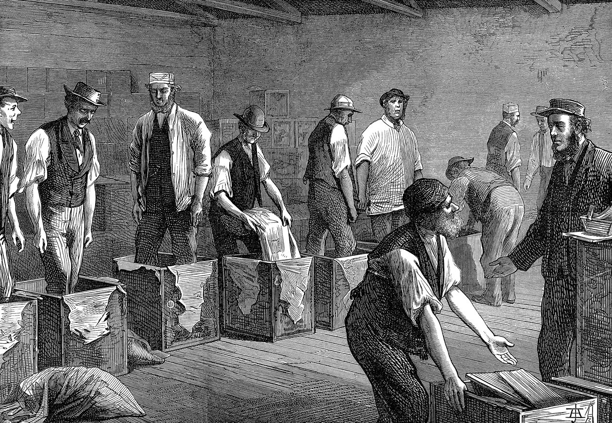 Pakker te i varehusene til East & West India Dock Company, London, 1874 av Unbekannt