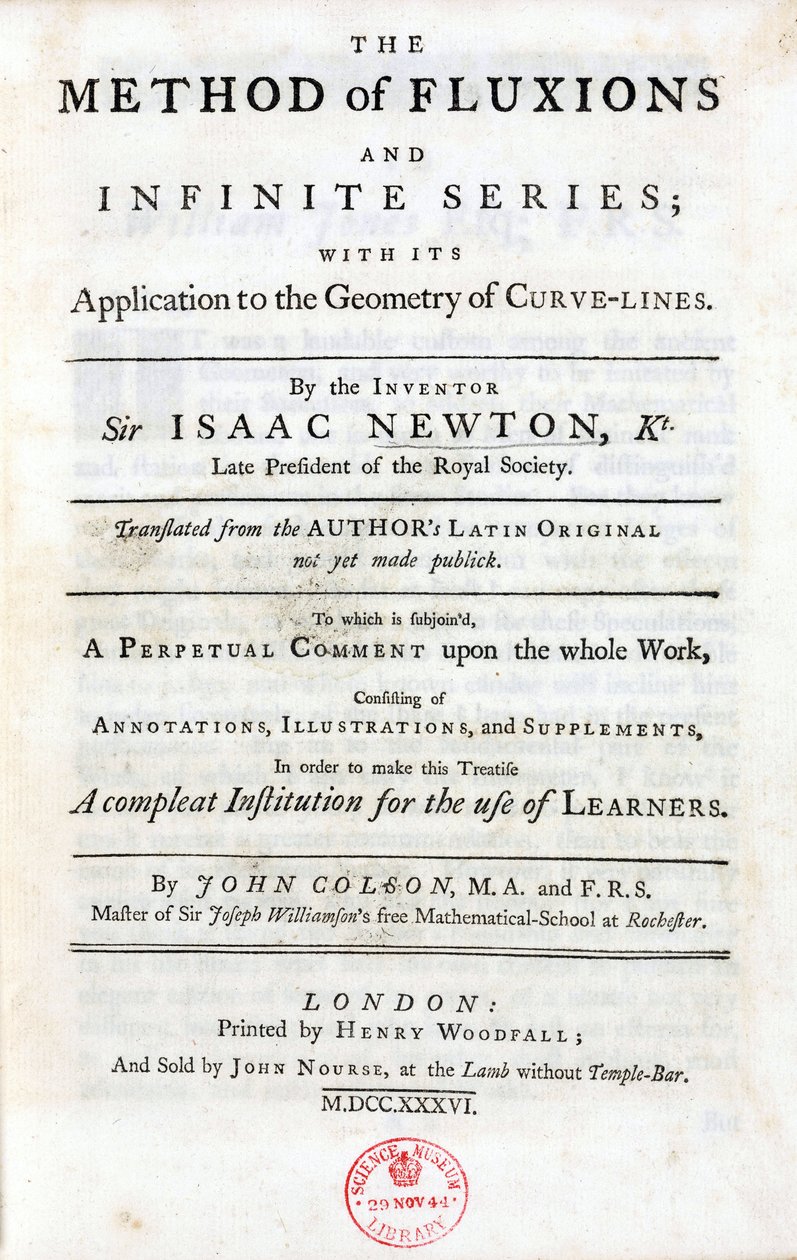 Tittelside til 'The method of fluksjoner og uendelige serier', av Isaac Newton's (1642-1727), publisert i London i 1736, som omfatter de viktigste teoriene som har påvirket vitenskapene betydelig: binomialsetningen, de tre universelle lovene ti av Unbekannt