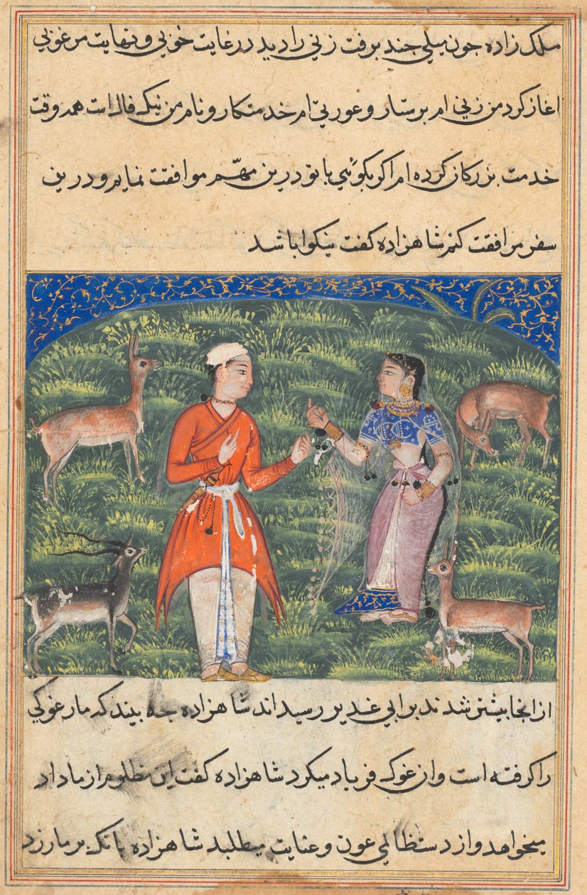 Side fra Tales of a Parrot Tuti-nama: Attende natt: Nikfal, formuen..., ca. 1560. av Unbekannt
