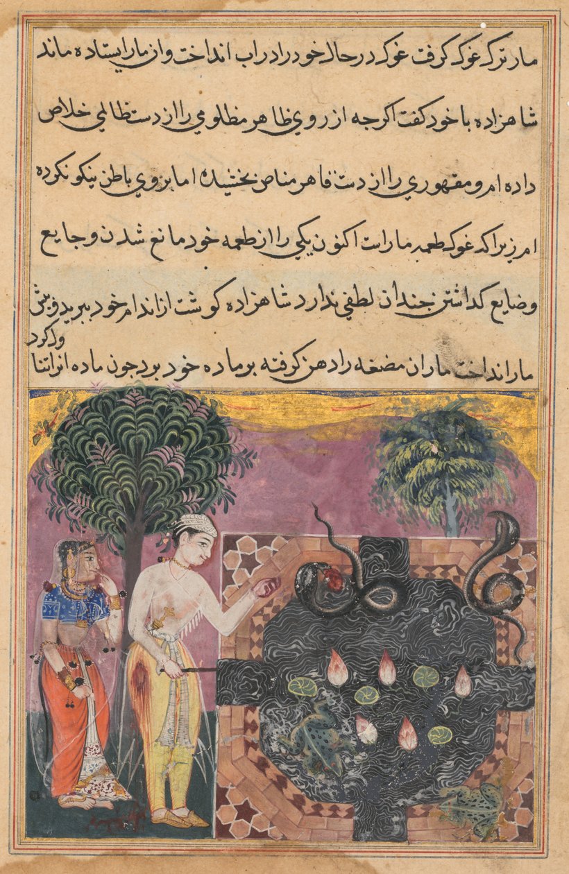 Side fra Tales of a Parrot Tuti-nama: Attende natt: Prinsen, ca. 1560. av Unbekannt