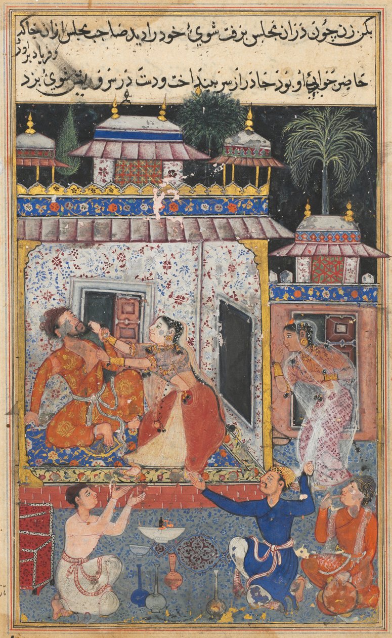 Side fra Tales of a Parrot Tuti-nama: Åttende natt: Den svikefulle kona overfaller, ca. 1560. av Unbekannt