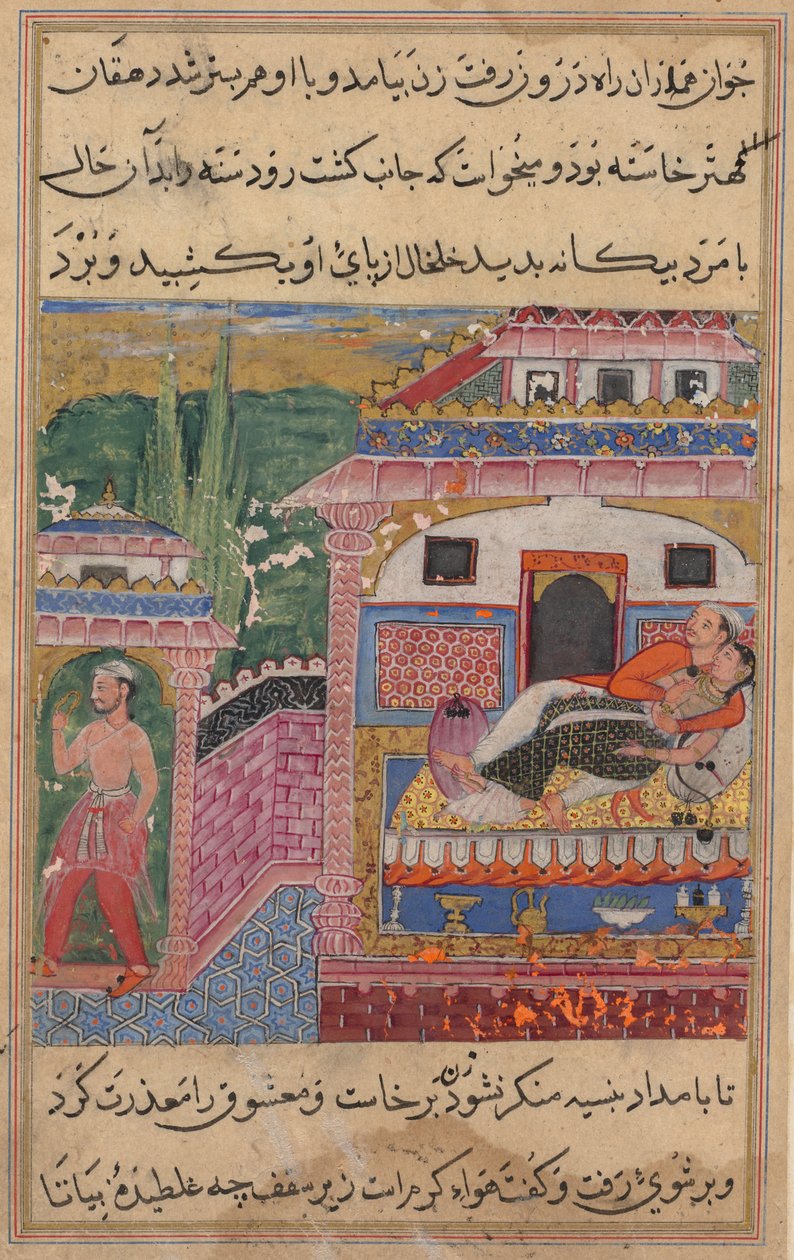 Side fra Tales of a Parrot Tuti-nama: Åttende natt: Den svikefulle kona overtaler..., 1558-1560. av Unbekannt