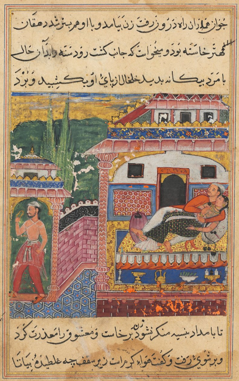 Side fra Tales of a Parrot Tuti-nama: Åttende natt: Bonden, faren til sønnen..., 1558-1560. av Unbekannt
