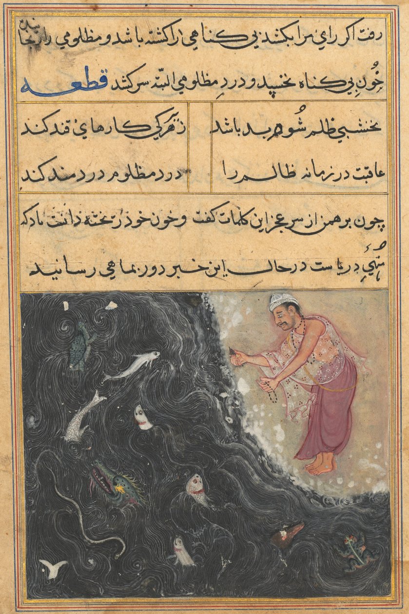 Side fra Tales of a Parrot Tuti-nama: Elvte natt: Brahmanen blir spurt av Raja c1560. av Unbekannt