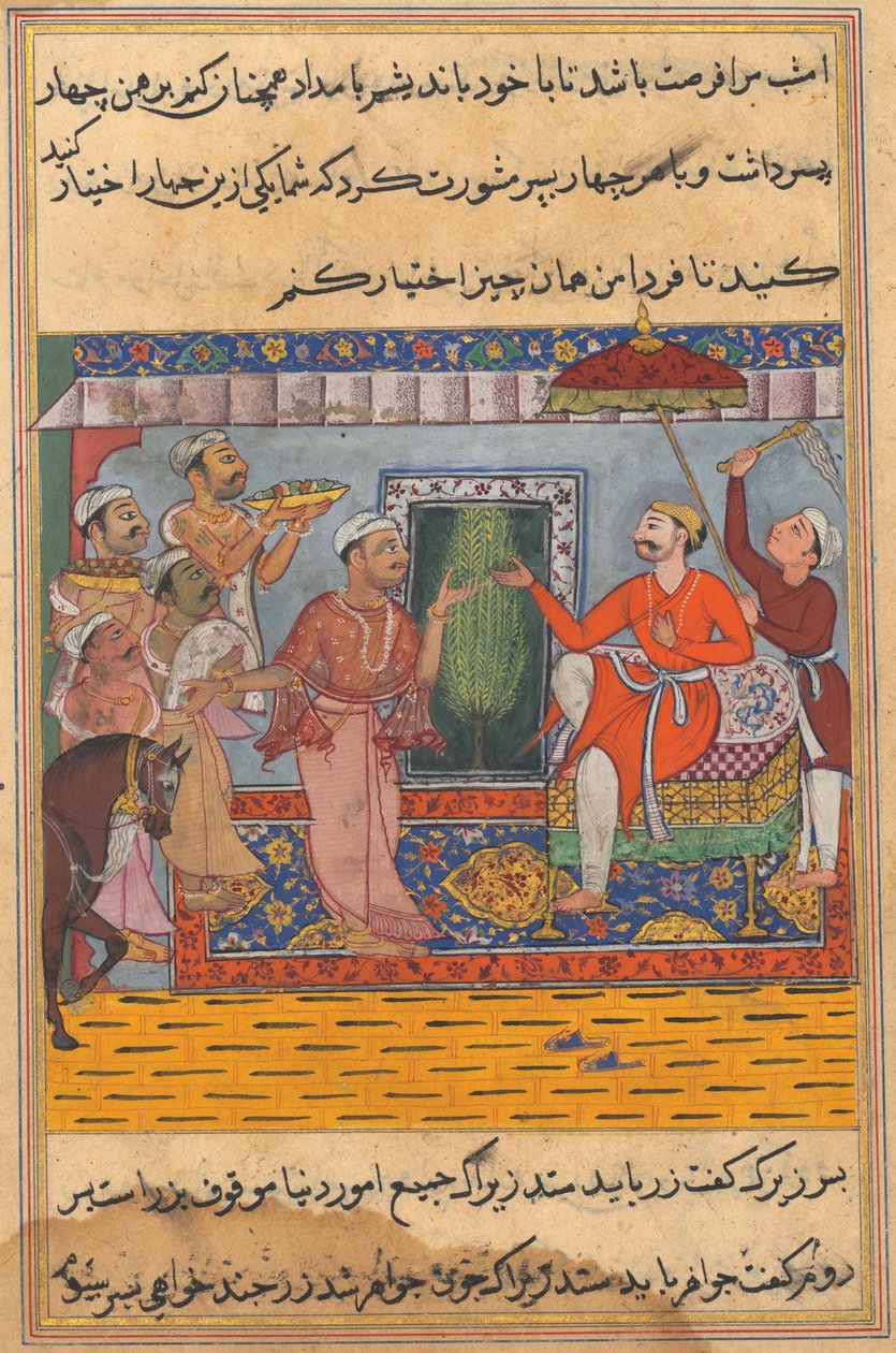 Side fra Tales of a Parrot Tuti-nama: Elvte natt: Brahmanen, ikke i stand til å velge..., ca. 1560. av Unbekannt