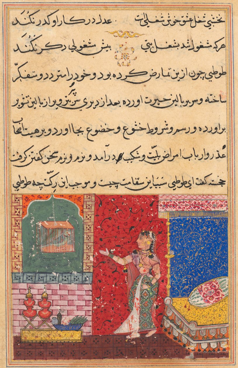 Side fra Tales of a Parrot Tuti-nama: Femtende natt: Papegøyen henvender seg til Khujasta..., 1558-156 av Unbekannt