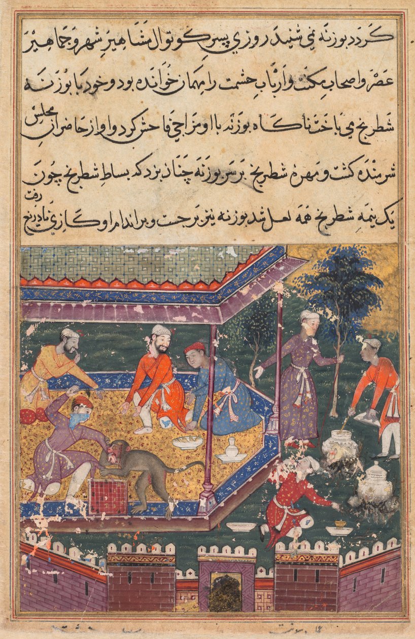 Side fra Tales of a Parrot Tuti-nama: Femte natt: Den sårede apen biter hånden., c1560. av Unbekannt