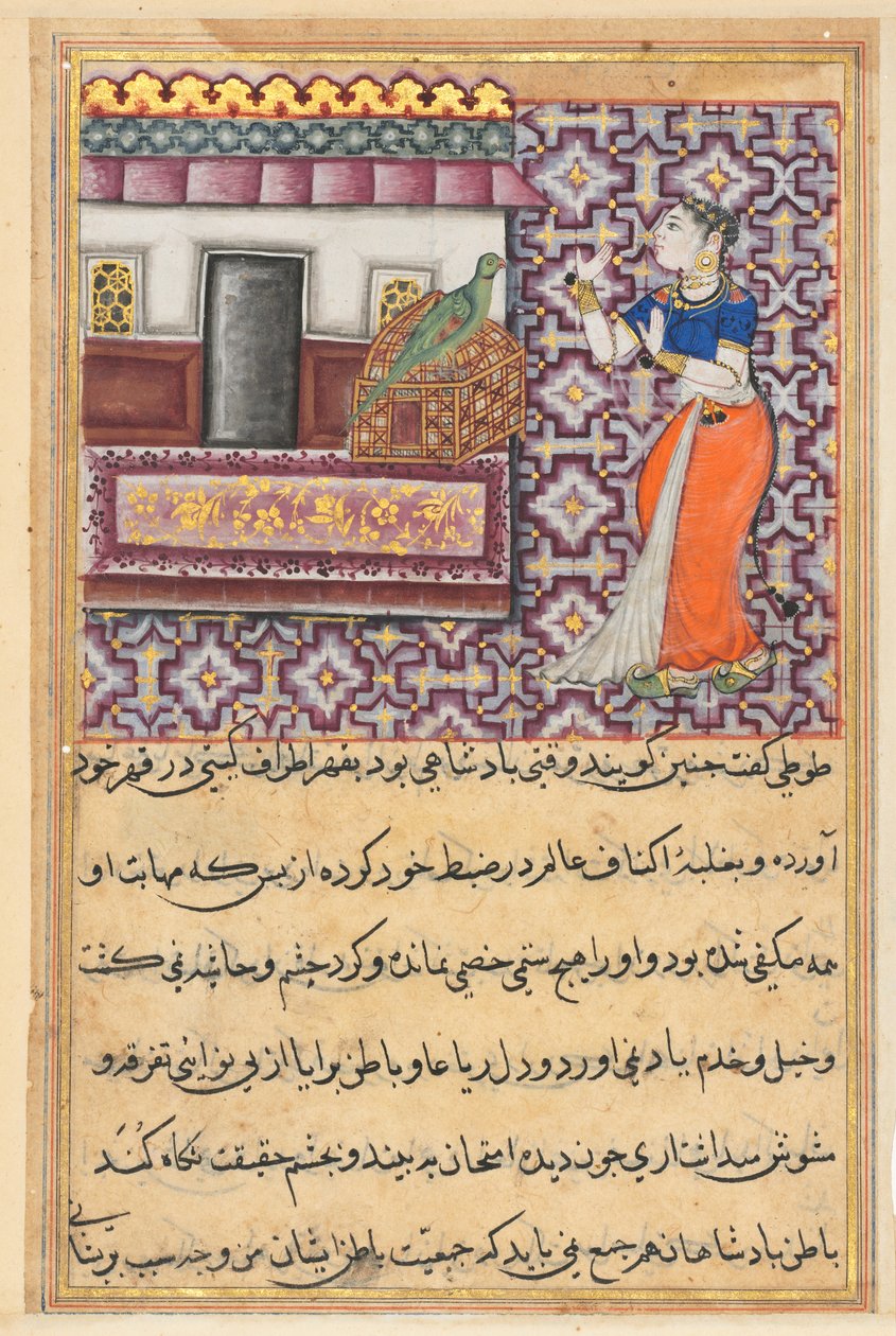 Side fra Tales of a Parrot Tuti-nama: Femtiende natt: Papegøyen henvender seg til Khujasta..., ca. 1560. av Unbekannt