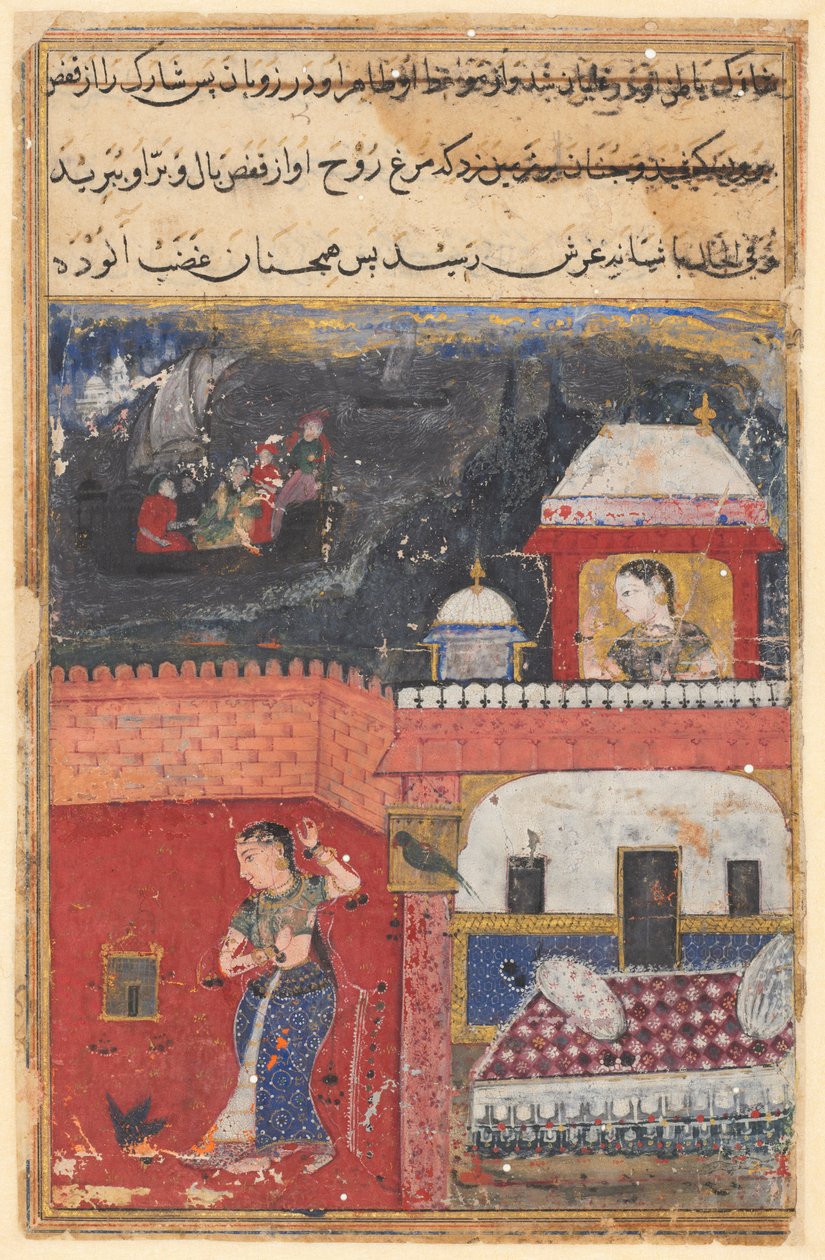 Side fra Tales of a Parrot Tuti-nama: Første natt: Khujasta dreper kjæledyret myna..., ca. 1560. av Unbekannt