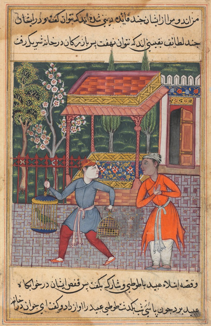 Side fra Tales of a Parrot Tuti-nama: Førtiandre natt: The Merchant of Tirmiz..., ca. 1560. av Unbekannt