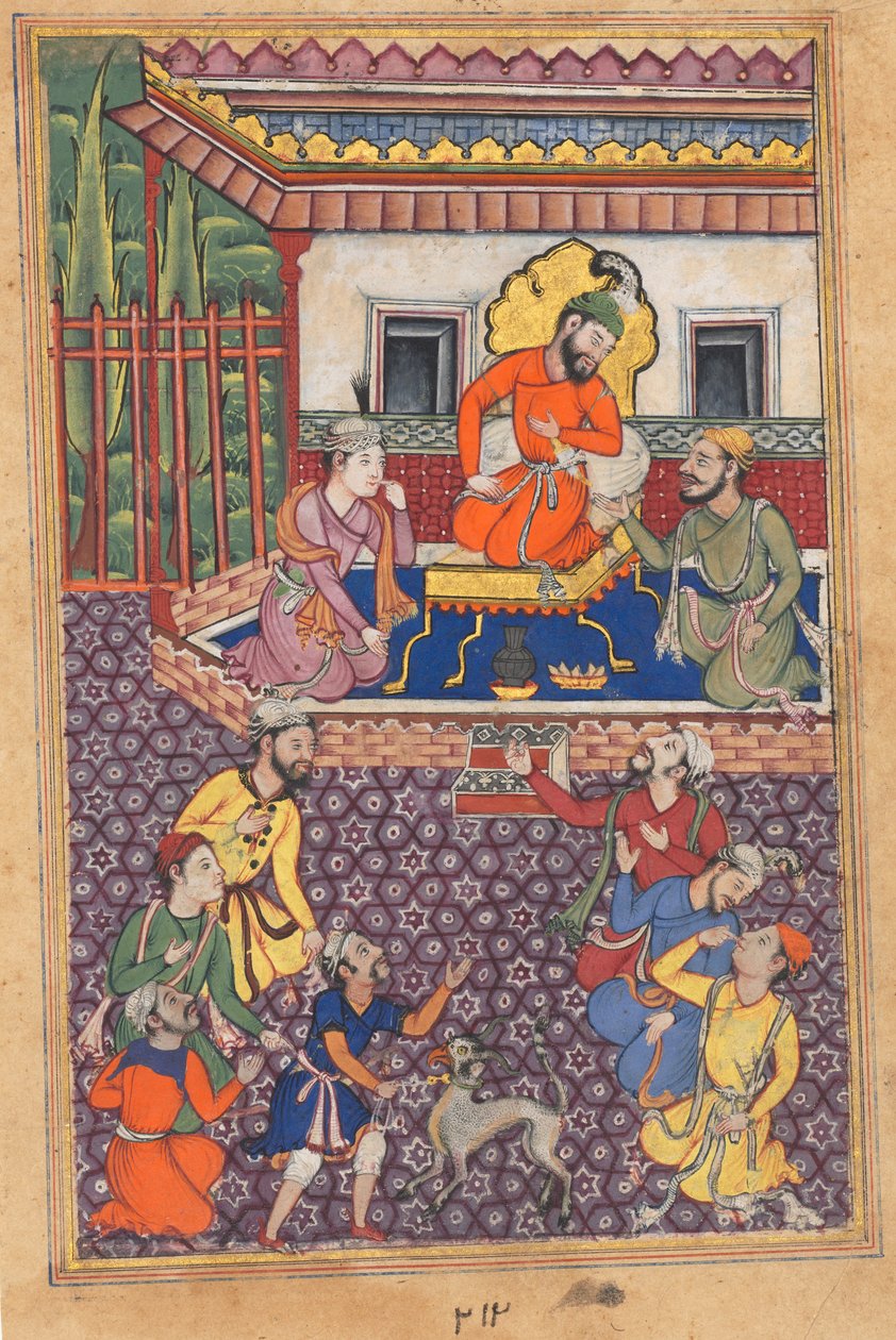 Side fra Tales of a Parrot Tuti-nama: Førtiseksende natt: Retten til Raja of Ujjain, ca. 1560 av Unbekannt