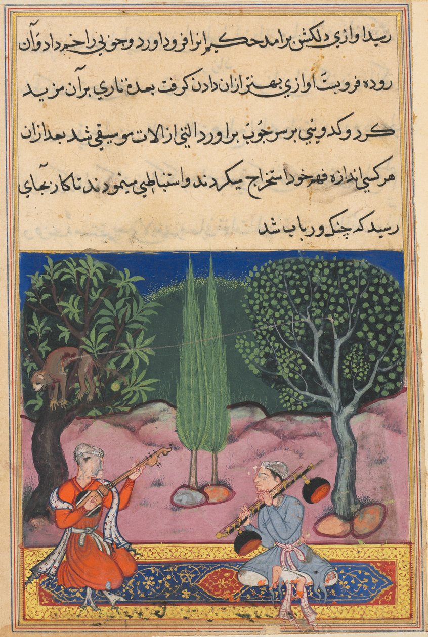 Side fra Tales of a Parrot Tuti-nama: Fjortende natt: Oppfinnelsen av musikal..., ca. 1560. av Unbekannt