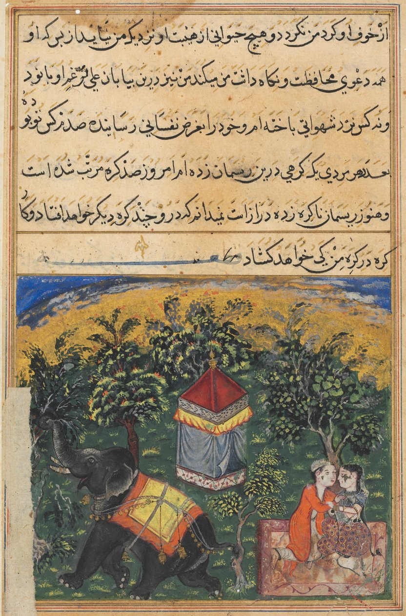 Side fra Tales of a papegøye Tuti-nama: Fjerde natt: Tullmannens kone bedrar..., ca. 1560. av Unbekannt