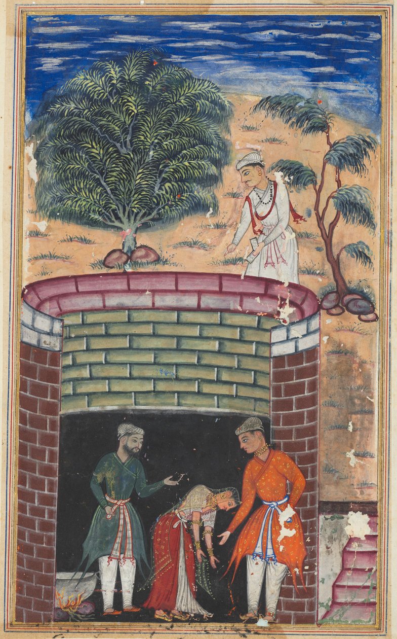 Side fra Tales of a Parrot Tuti-nama: Syvende natt: Kongens datter..., ca. 1560. av Unbekannt