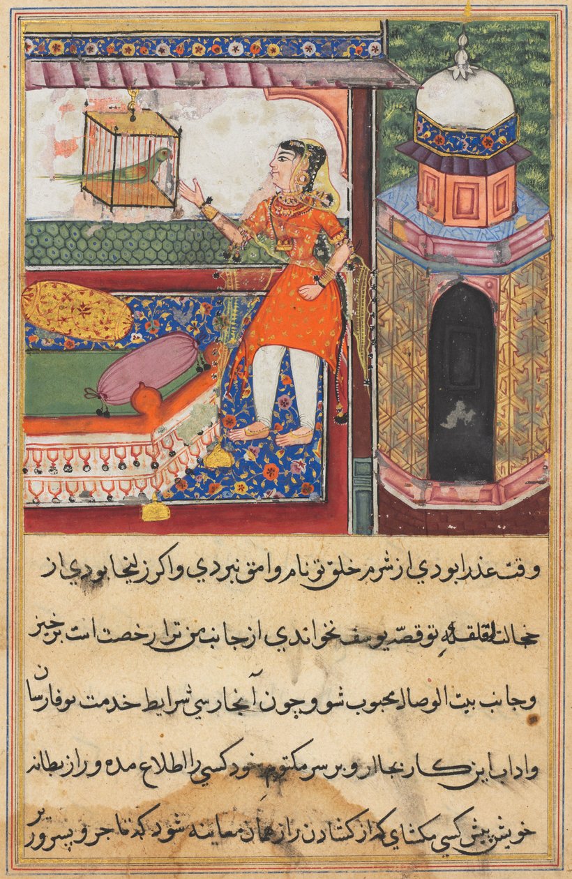 Side fra Tales of a Parrot Tuti-nama: Tiende natt: Papegøyen henvender seg til Khujasta..., ca. 1560. av Unbekannt