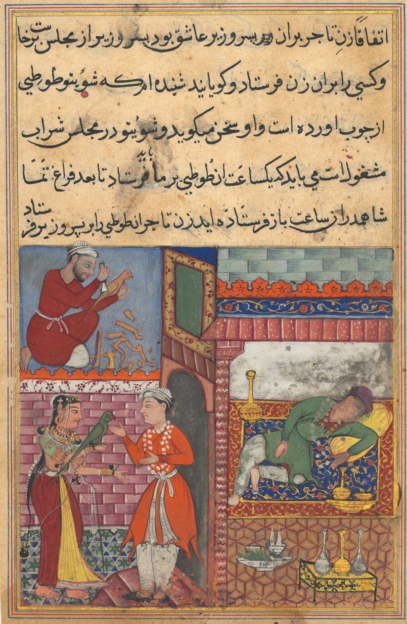 Side fra Tales of a Parrot Tuti-nama: Tiende natt: Visirens sønn mottar magien..., ca. 156 av Unbekannt