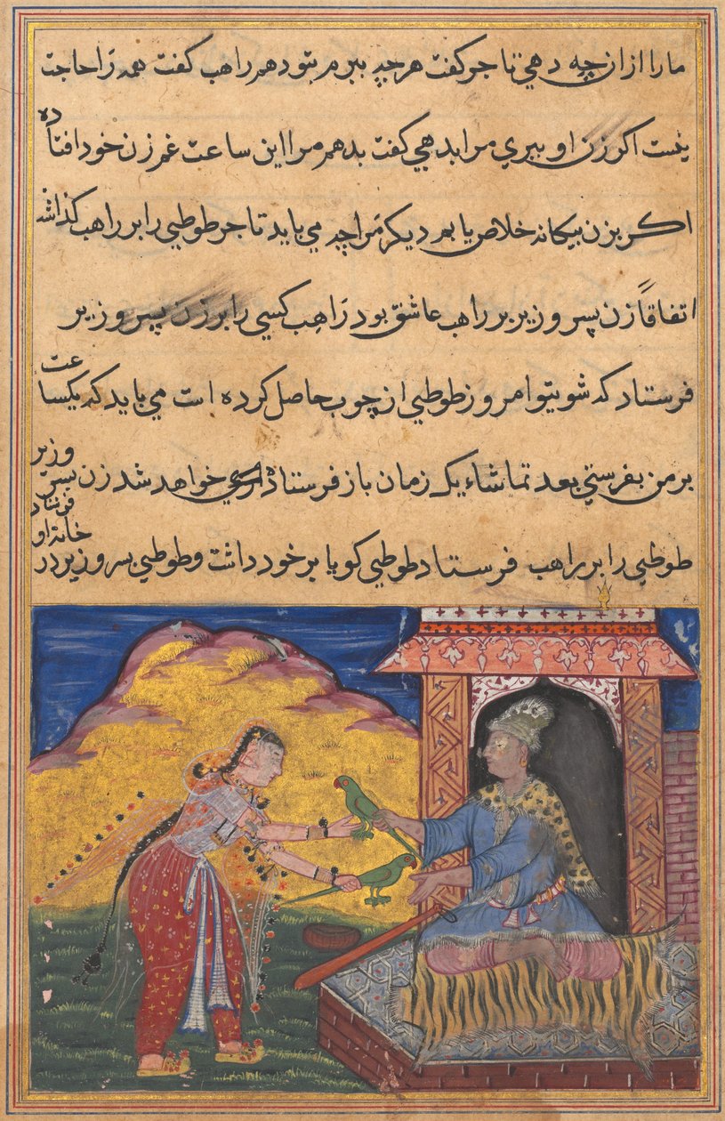 Side fra Tales of a Parrot Tuti-nama: Tiende natt: Visirens kone sender magien..., ca. 1560. av Unbekannt