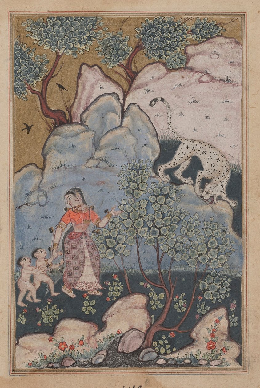 Side fra Tales of a Parrot Tuti-nama: Trettiende natt: En kvinne med to barn..., ca. 1560. av Unbekannt